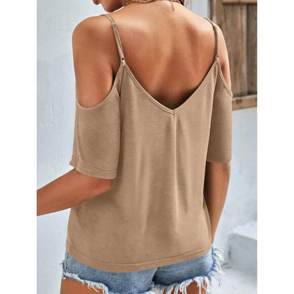 Womens Summer Cold Shoulder Tops Rayon Blend V Neck Casual Loose Fit - Picture 4 of 5